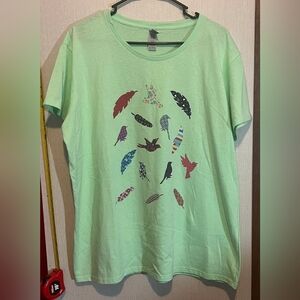 Gildan Mint Green T-Shirt with Feathers and Birds.